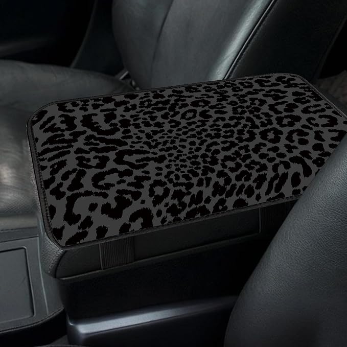 Car Center Console Cover, Universal Soft Large Neoprene Auto Armrest Seat Box Cover, Funny Car Decor Accessories Fit for Most Cars, Vehicles, SUVs Cute Black Leopard