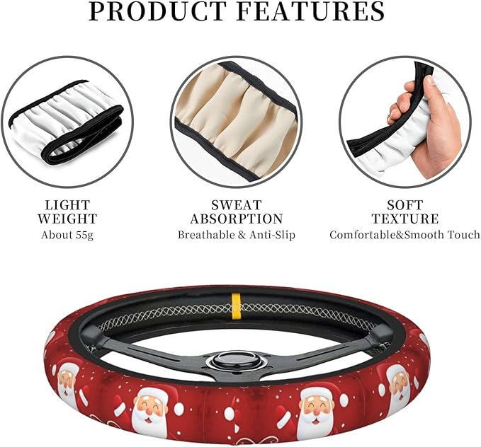 Neoprene Steering Wheel Cover Santa Claus Merry Christmas Car Steering Wheel Cover Universal Fit for Most Cars