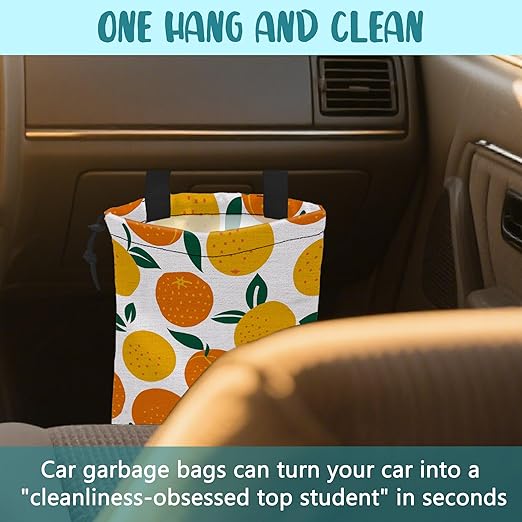 KXWQTRDD Car Garbage Bag Cartoon Oranges Fruits Hanging Canvas Car Trash Bag Waterproof Drawstring Car Back Seat Organizer for Car Back Front Seat Console with Adjustable Buckle