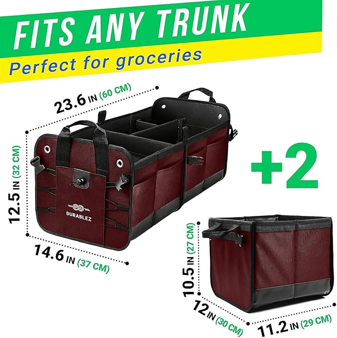 DURABLEZ 4-Section Trunk Organizer for SUV, Truck, Van, Sedan – Modular Extra Large Cargo Bin, Detachable Car Trunk Storage with Dividers, Collapsible Auto Organization System – Cherry