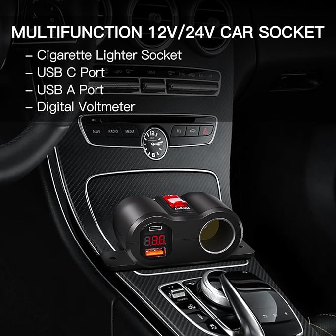 Dual USB Outlet 12V Cigarette Lighter Socket with Switch, PD3.0 USB C and QC3.0 USB Port Car Charger with Voltmeter, 12 Volt Power Outlet Adapter for Boat Marine Truck RV UTV Golf Cart