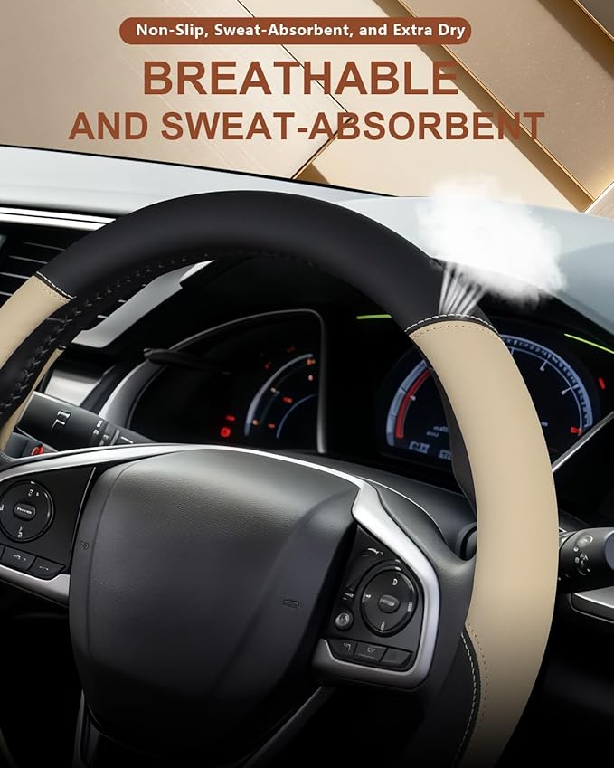 Leather Steering Wheel Cover for Honda Civic, 14.5-15 Inch Breathable Car Steering Wheel Protector, Premium Automotive Interior Accessories Compatible with Honda All Model (Beige)