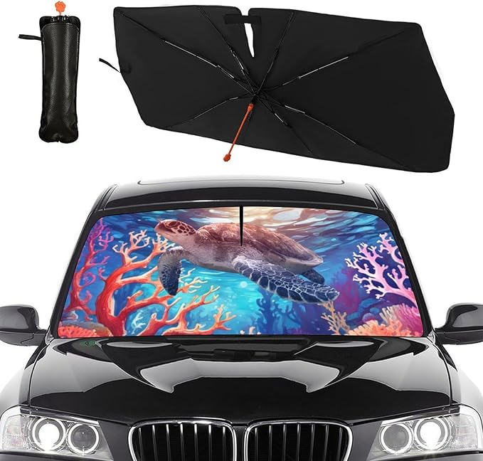 DOPINDU Sea Turtle Car Windshield Sun Shade Umbrella Bendable Handle Foldable Funny Sunshade for Car Windshield Block UV Rays Keep Vehicle Cool for Most Sedans SUV Trucks Cars 57"x30"