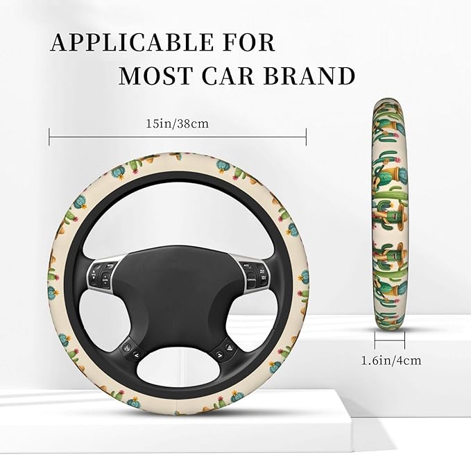 Funny Cactus Neoprene Steering Wheel Covers Women Men Car Accessories, Universal 15 Inch Fit Auto, Suvs, Truck