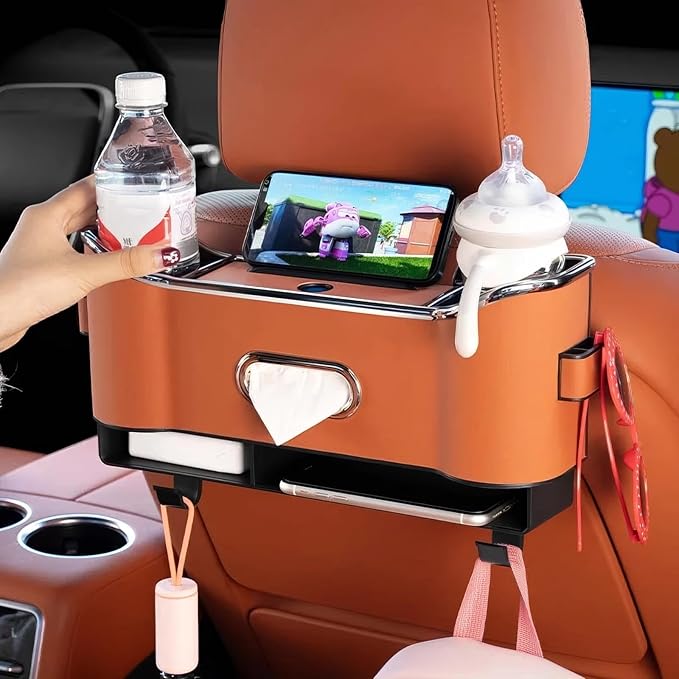 Multifunctional Car Backseat Organizer with Cup Holder, Tissue Box, Trash Bin & Hooks, 3-in-1 Back Seat Car Organizer for Hold Phones, Snacks, Drinks, and Handbags (Original Model - Off-White)