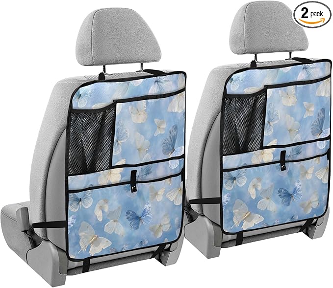 2 Pack Back Seat Car Organizer with Storage Pockets Kick Mats Back Seat Protector Hanging Car Organizer Automotive Seat Back Cover Organizers Sky Blue and White Butterflies