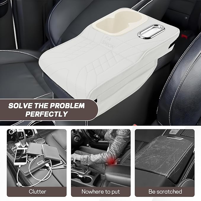 Car Center Console Armrest Pillow, 13.4"×7.5"×2" Leather Auto Arm Rest Cover with Pocket & Tissue Box & Cup Holder, Multifunctional Vehicle Armrest Cushion Pad, Car Accessories (White)