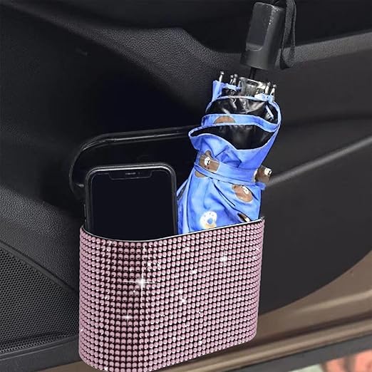 Bling Car Trash Can with Lid Mini Auto Garbage Bin Rhinestone Hanging Vehicle Trash Container Odor Proof Organizer (Pink)