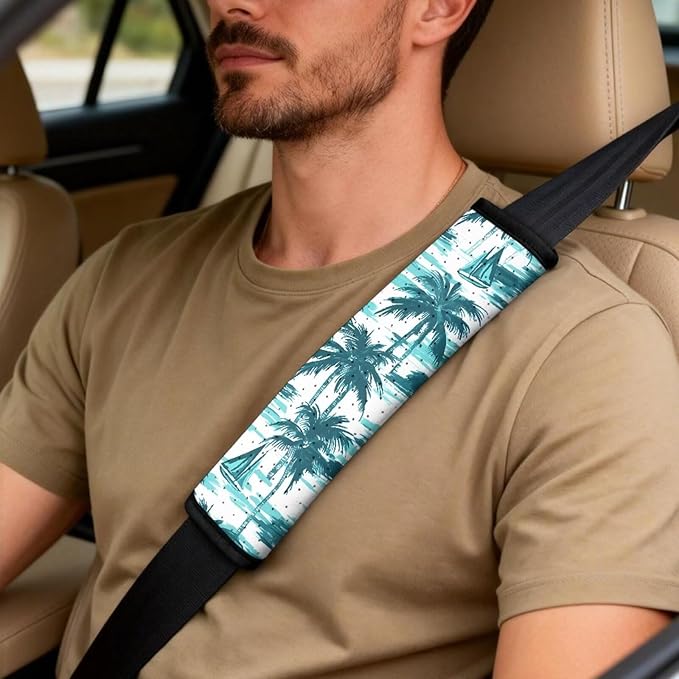 Qeluxign Car Seat Cover Set with Armrest Cover Cushion PU Automotive Car Cover and Seat Belt Shoulder Straps Pad, Universal Fit for Truck Sedan SUV, Pack of 5,Turquoise Palm Tree Sailboat