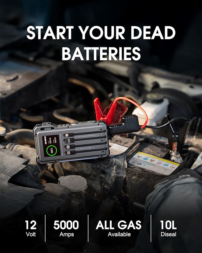 Solar Jump Starter, 5000A Peak 12V Car Battery Jump Starter for Up to 10.0L Gas & 6.0L Diesel Engines, Jumper Cables & Solar Power Bank, Car Accessories & Gift for Men, Husband, Dad, Gray