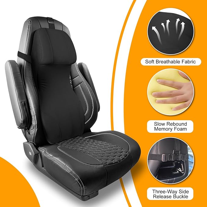 Lumbar Support Pillow for Car with Headrest, Memory Foam Integrated Lumbar Support Cushion for Neck and Back, Fits for Semi Truck Motorhome Van Pickup, Black