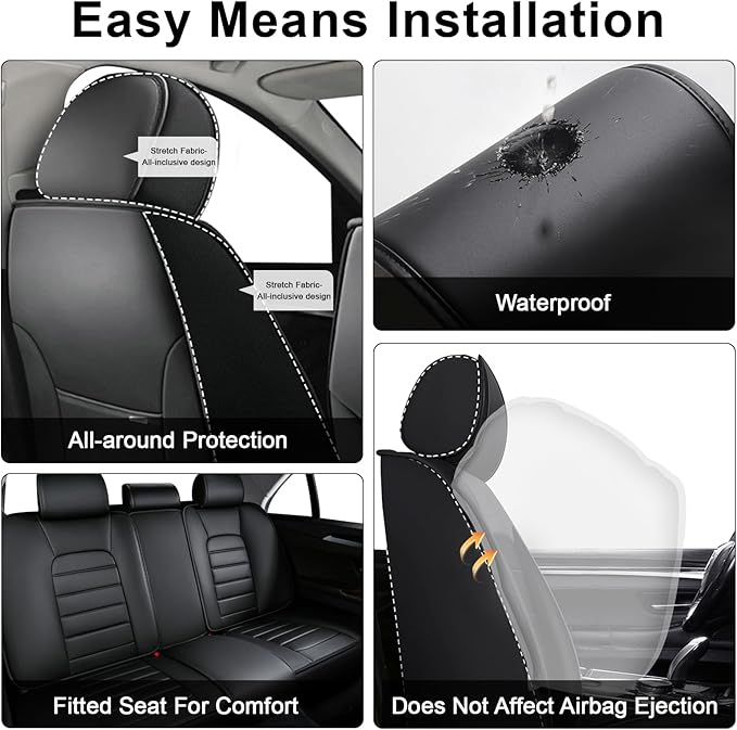 AREKA 5 Car Seat Covers for Honda Civic 2002-2026 Breathable Leather,Waterproof Car Seat Protectors with Comfort Headrest Pillows,Automotive Vehicle Cushion with Storage Pockets (Luxury,Black)