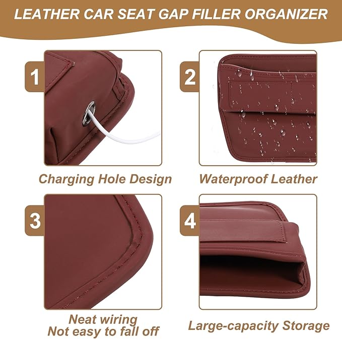 HARFINGTON 2pcs Car Seat Gap Filler Organizer 11.3 x 8 x 2.2 Inch Leather Universal Car Organizer Storage Box Between Seat and Console for Phone Sunglasses Keys, Brown