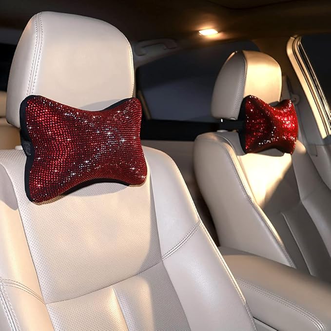 2 Pack Women Neck Pillow for Car Seat Driving Girl Burgundy Red, Auto Seat Headrest Cushion Driver Head Relax Neck Support Crystal Rhinestone Diamond Bling Christmas Car Accessories