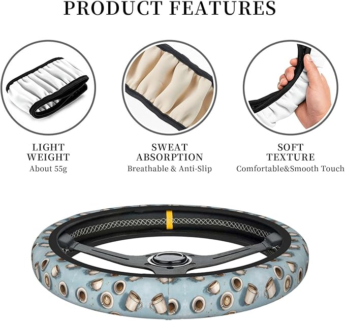 Neoprene Steering Wheel Cover Coffee Pattern Car Steering Wheel Cover Universal Fit for Most Cars