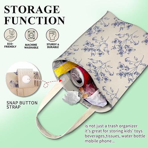 Car Trash Can, Cute Car Trash Bag, Hanging Car Organizer and Storage Bag, Trash Bin for Car Accessories, Vehicle, Travelling, Camping White Blue Floral
