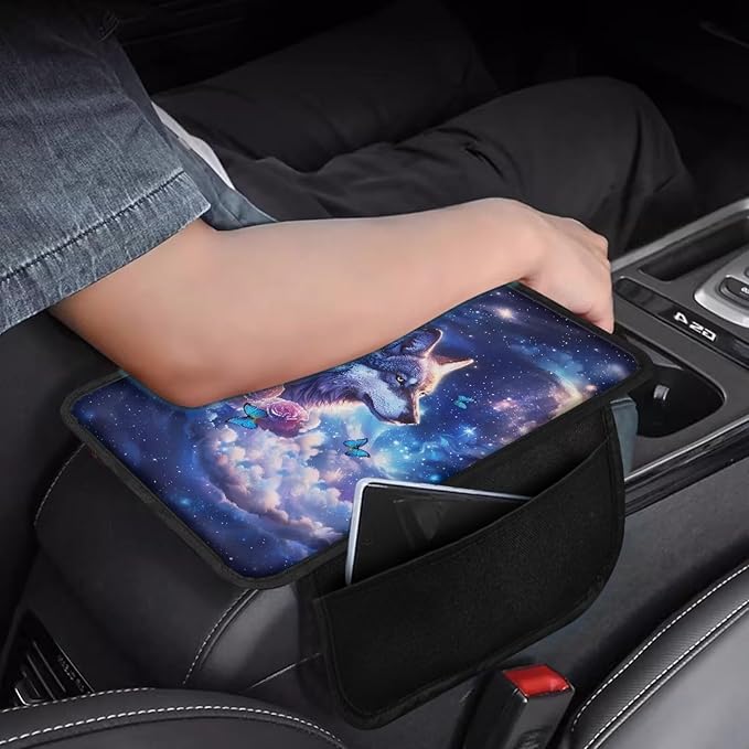 Dreaweet Galaxy Wolf Car Accessories Arm Rest Cover for Car Center Console Cover with 2 Storage Pockets,Universal Soft Armrest Cover Protector for Vehicle SUV Truck Car