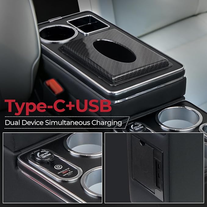Center Console Between Seat Organizer for Minivans & SUVs - Tissue Box, Type-C & USB Fast Charge, 7-Color Ambient Light, Cup Holders, Middle Van Floor Console Storage Box (Black)