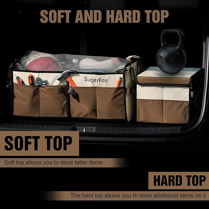 SugarFox Car Trunk Organizer for SUV - 63L+26L Modular Storage, Heavy-Duty, Foldable Waterproof, Soft & Hard Covers, Non-Slip, Multi-Compartment, Brown M006