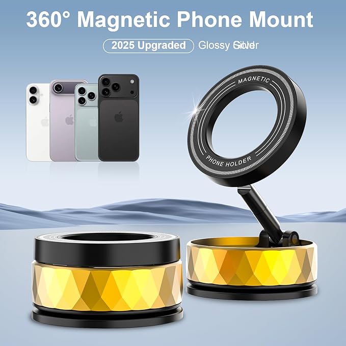 Vacumm Magnetic Phone Holder | Car Phone Holder for iPhone with Magsafe【Nano Glue& Suction Cup & Strong Magnet & 360°Adjustment】 Apple Phone Mounts of Car Accessories(Golden)