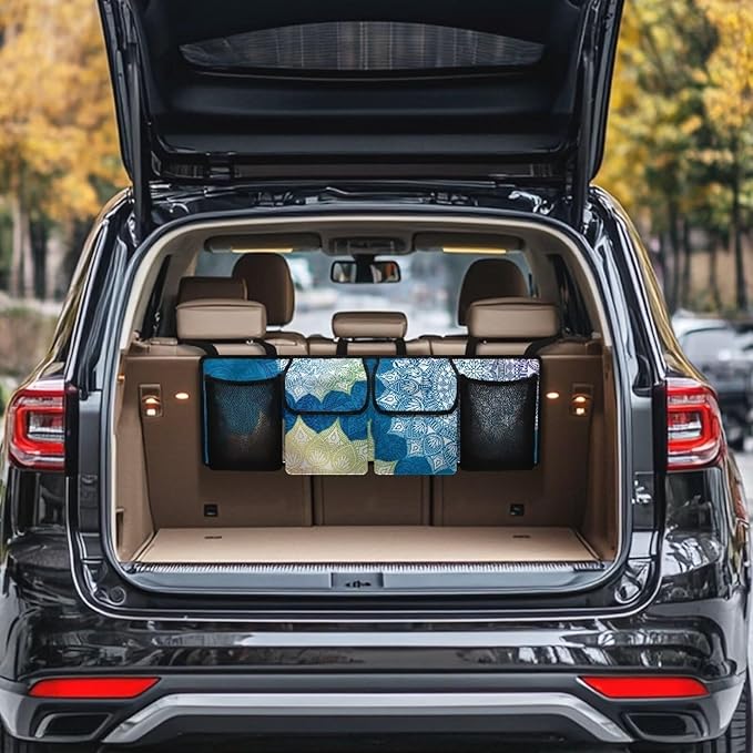 Mandala Car Trunk Organizer,Super Capacity Car Organizer SUV, Equipped with Robust Elastic Net, Hanging Car Storage Organizer with Lids, Space Saving Expert