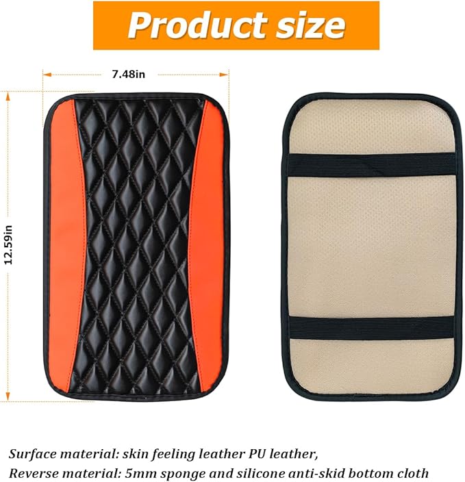 Car Center Console Pad, Universal Waterproof Armrest Seat Box Cover, 12.6" x 7.5" PU Leather Auto Armrest Protector, Car Interior Accessories Decor for Most Vehicles, Truck, SUV (Orange)