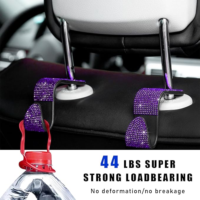 2PCS Bling Car Seat Headrest Hooks, Auto Back Seat Hanging Storage Organizer for Purse Handbag Coat, Rhinestone Vehicle Seat Hanger Holder for Women Girls, Car Accessories (Purple)