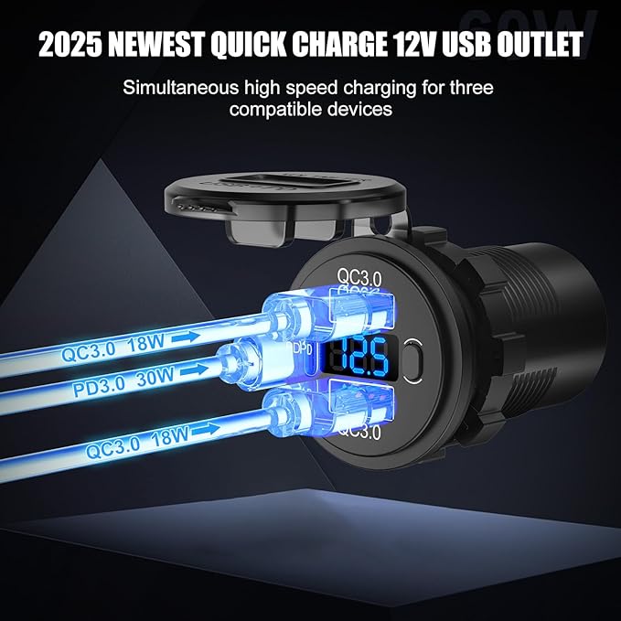 2 pack 12V USB C Outlet Marine USB Charging Port for Car, Dual Quick Charge 3.0 & PD 3.0 Car Charger Socket with Button Switch and Voltmeter, Cigarette Lighter Replacement DIY Kit for 12V/24V Vehicles