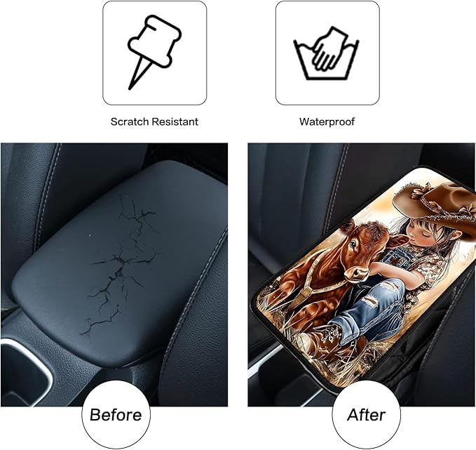 JANENFNA Car Armrest Cover Pads Universal Fashion Cute Auto Center Console Armrest Cover Pad with 2PCS Car Coasters Soft Waterproof Car Armrest Seat Protector for Women,Girl Baby Cow