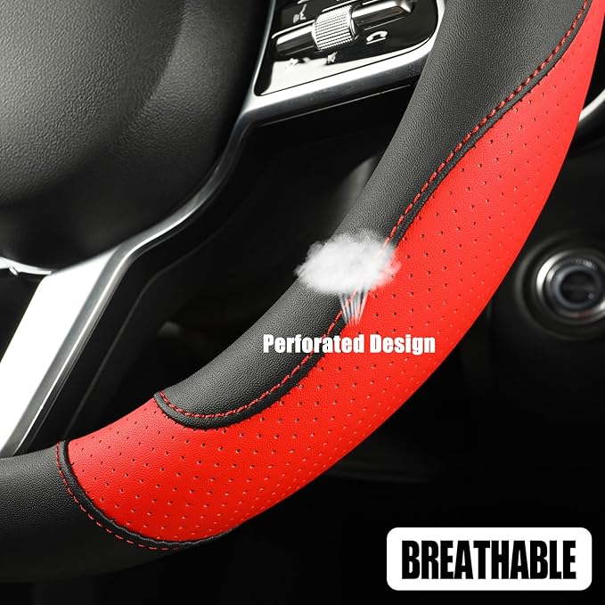 Binsheo Microfiber Leather Steering Wheel Cover Large Size for Ford F150 F250 F350 RAM 4Runner Tacoma Tundra Armada Model S Model X, Breathable, Anti Slip, 15.5 inch to 16 inch, Black with Red