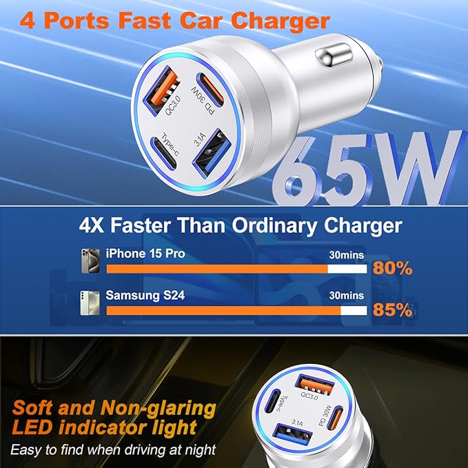 USB C Fast Car Charger, 65W 4-Port Dual USB-C & USB-A Multiport Car Phone Charger Adapter,Fast Charging Cigarette Lighter Adapter Truck Car Accessories for iPhone 17/16/15 Pro Max,Samsung,iPad,Pixel