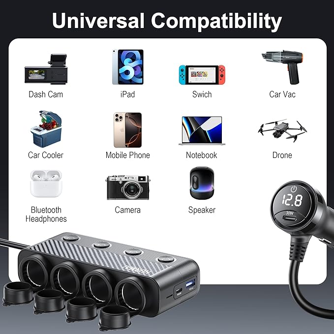 12V Car Heavy Duty Truck Cigarette Lighter Plug USB Charger Multi Port Car Plug Outlet Splitter with LED Voltage Display Independent Switches