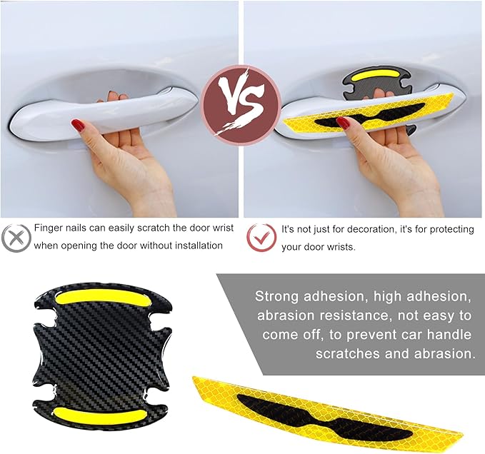 8PCS Car Door Handle Scratch Protector, 3D Carbon Fiber Reflective Sticker, Universal Auto Door Handle Scratch Paint Guard Night Visible Strip (Yellow)