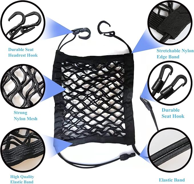3-Layer Car Mesh Organizer, Seat Back Net Bag, Driver Storage Netting Pouch, Barrier of Backseat Pet Kids, Cargo Tissue Purse Holder（Upgrade Stretch Length）