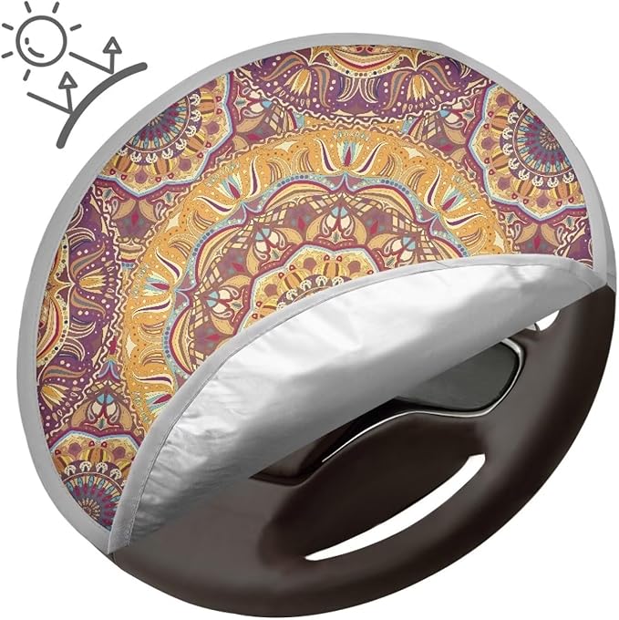 Boho Mandala Flower Pattern Steering Wheel Sun Shade for Women Heat Resistant Steering Wheel Sun Cover Steering Wheel Sunblock Cover Vehicle Accessories for SUV Car Truck Van