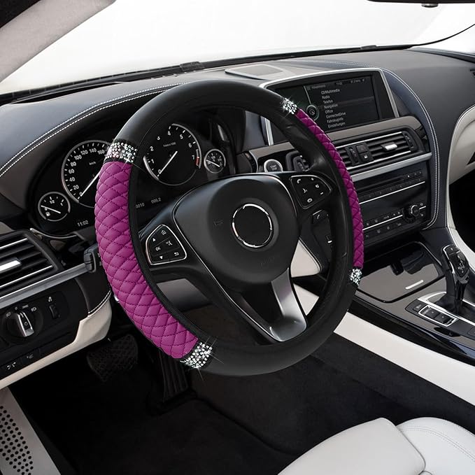 Bling Soft Leather Steering Wheel Cover, Anti-Slip Car Steering Wheel Protector, 15 Inch Rhinestones Soft Leather Elastic Steering Wheel Protector for Women Girls, Car Accessories for Most Cars