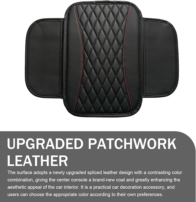 Car Center Console Cover, Patchwork Leather Armrest Cover Cushion with 2 Storage Bag, Waterproof Comfortable Auto Arm Rest Pad, Universal Center Console Protector for Sedan, SUV (Black)