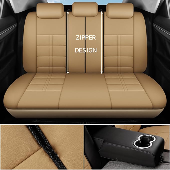 crossmiles Faux Leather Car Seat Covers Full Set, Foam Seat Cover for Car, Universal Car Seat Protector with Waterproof and Breath Fit for Cars, Trucks, SUV, Vans(Beige Square)