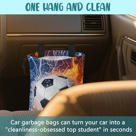 KXWQTRDD Car Garbage Bag Soccer Ball with Water and Fire Drawstring Car Trash Bag Hanging for Back Seat with Adjustable Buckle Canvas Vehicle Trash Can Easy-to-Install