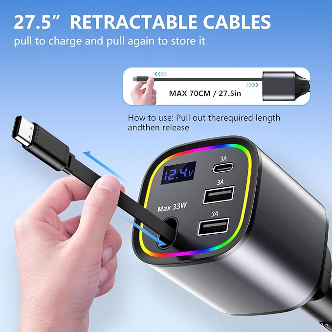 Retractable Car Charger, 4 in 1 Fast Car Charger 78W, with Type C, 2 USB-A Ports and 1 USB-C Port for Fast Charging, Compatible with iPhone 16/15/14/13/12/11, Galaxy, Pixel (Grey)