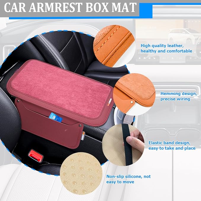 Car Center Console Cover, Leather Furry Fluffy Armrest Seat Box Cushion Pad with 2 Storage Bags, Comfortable Auto Interior Middle Console Protector, Compatible with Most Vehicle (Wine Red)