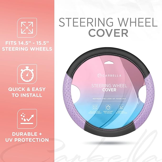 Carbella Purple Sequin Bling Steering Wheel Cover, Standard 15 Inch Size Fits Most Vehicles, Cute Faux Leather Car Steering Cover with Diamond Rhinestone Glitter Like Detail, Car Accessories for Women
