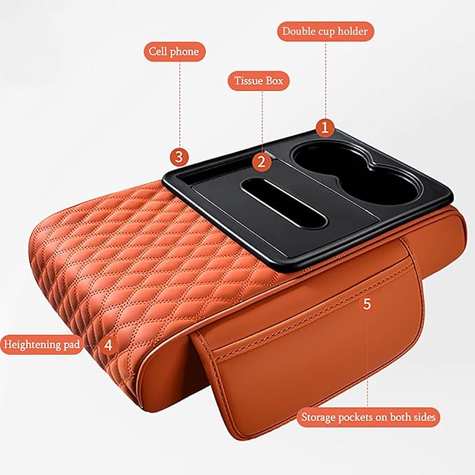 Car Armrest Center Console Cover for Chevrolet Suburban 2000–2025, Center Console Pad with Cup Holder, Multifunctional Armrest Cushion,F Orange