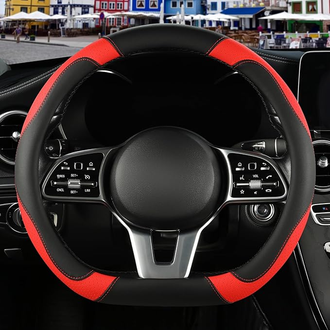 Binsheo Microfiber Leather D Shaped Steering Wheel Cover, Breathable, Anti Slip, 13.5 inch to 14 inch, Black with Red