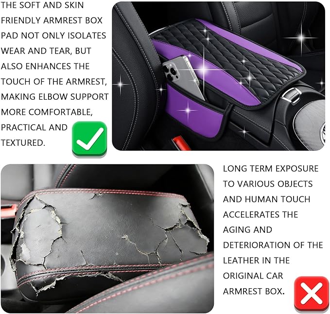 Patchwork Leather Center Console Cover, Upgraded Car Armrest Cover with 2 Storage Bags, Universal Arm Rest Covers for Car, Vehicle Interior Accessories Middle Console Cushion Organizer (Purple)