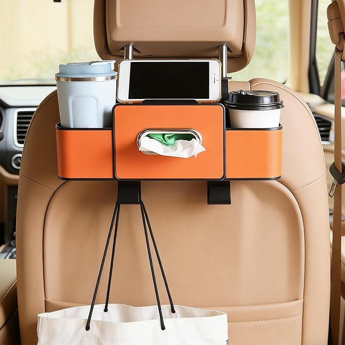 Multifunctional Car Organizers and Storage Box, 2026 New Backseat Car Organizer with Cup Holder, Tissue Box, Trash Bin & Hooks for Hold Phones, Snacks, Drinks, Handbags (Orange)