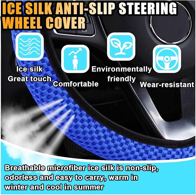 Stretch Elastic Steering Wheel Cover, All-Season Comfort, Warm in Winter & Cool in Summer, Universal 15 Inch Microfiber Breathable Ice Silk, Anti-Slip, Odorless, Easy Carry, Fit Car, SUV (Blue)
