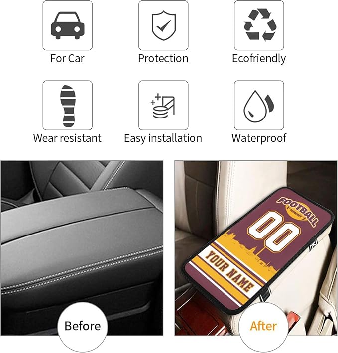 Custom Football Car Armrest Covers Personalized Football Style with Name Number Customized Auto Center Console Pad Car Handrail Box Cushion for Most Vehicle Decor Accessories, Yellow