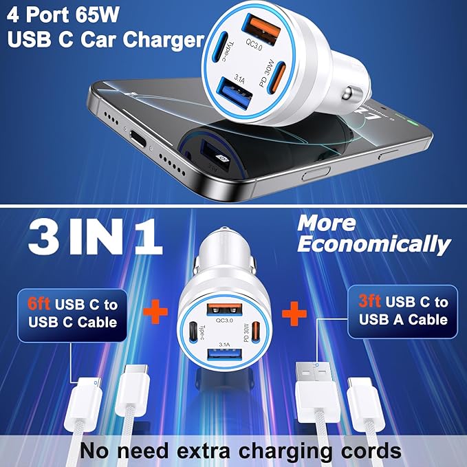 65W Car Charger for iPhone 17/16 Pro Max, 4 Port USB C Car Charger Fast Charging with 2Pack USB C Cables,Fast Car Phone Charger Cigarette Lighter Adapter for iPhone 17 16 15 Pro Max,iPad,Galaxy