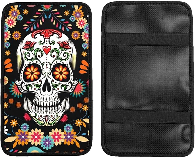 indokyeyqaz Universal Car Center Console Cushion Pad, Sugar Skull Colorful Soft Waterproof Car Center Console Cover Auto Armrest Seat Box Cover Protector for Most Vehicle SUV Truck Car